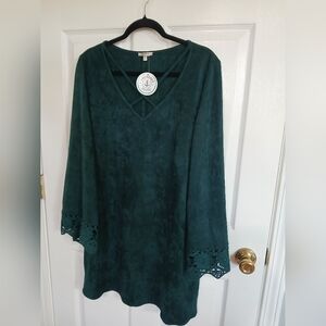 Green Sueded Material Dress With Crocheted Bell Sleeves Mini Boho Fedtival